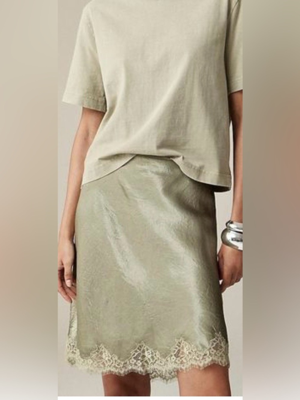 J. Crew Green Gwen Lace-Trim Slip Skirt in textured satin NWT